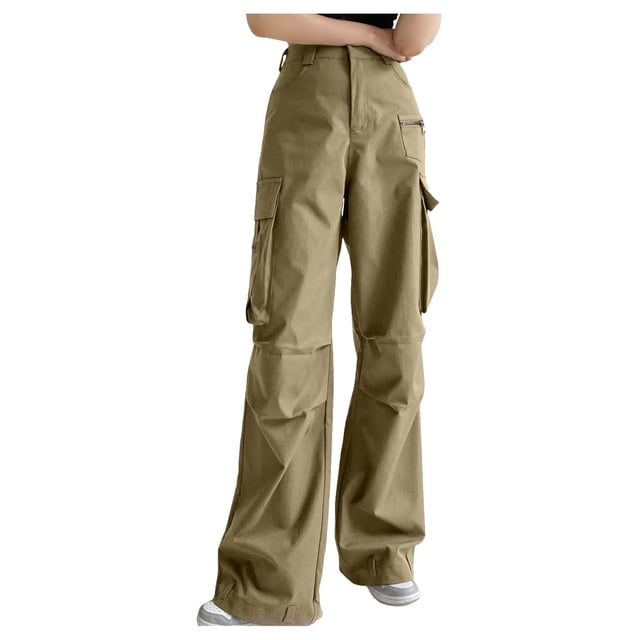 YFELWZ Womens Plus Size Design Pocket Overalls Fall Loose High Waisted Slimming Wide Leg Pants Army Green L
