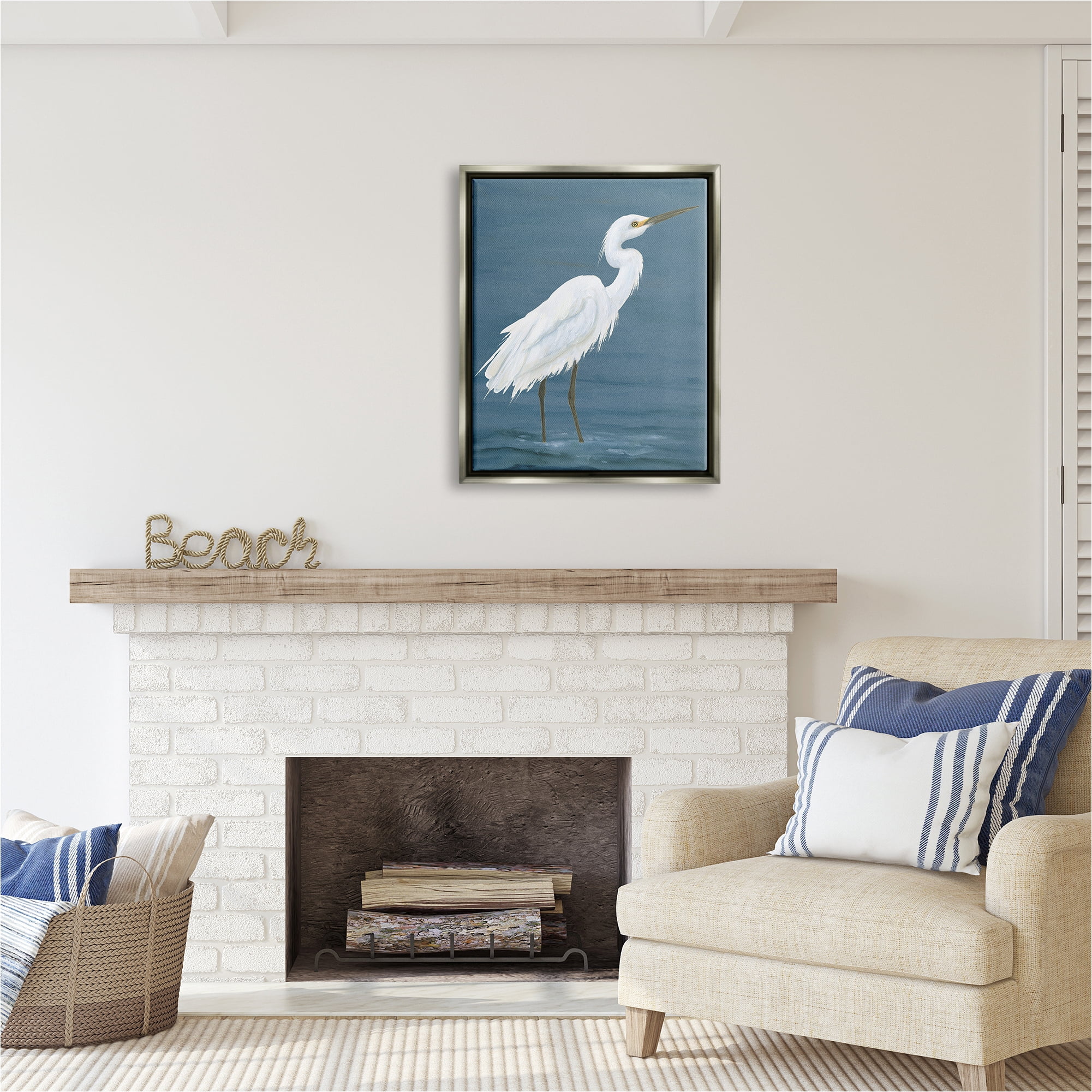 Stupell Industries Egret in Shallow Water Animals & Insects Painting Gray Floater Framed Canvas Art Print Wall Art, 25 x 31