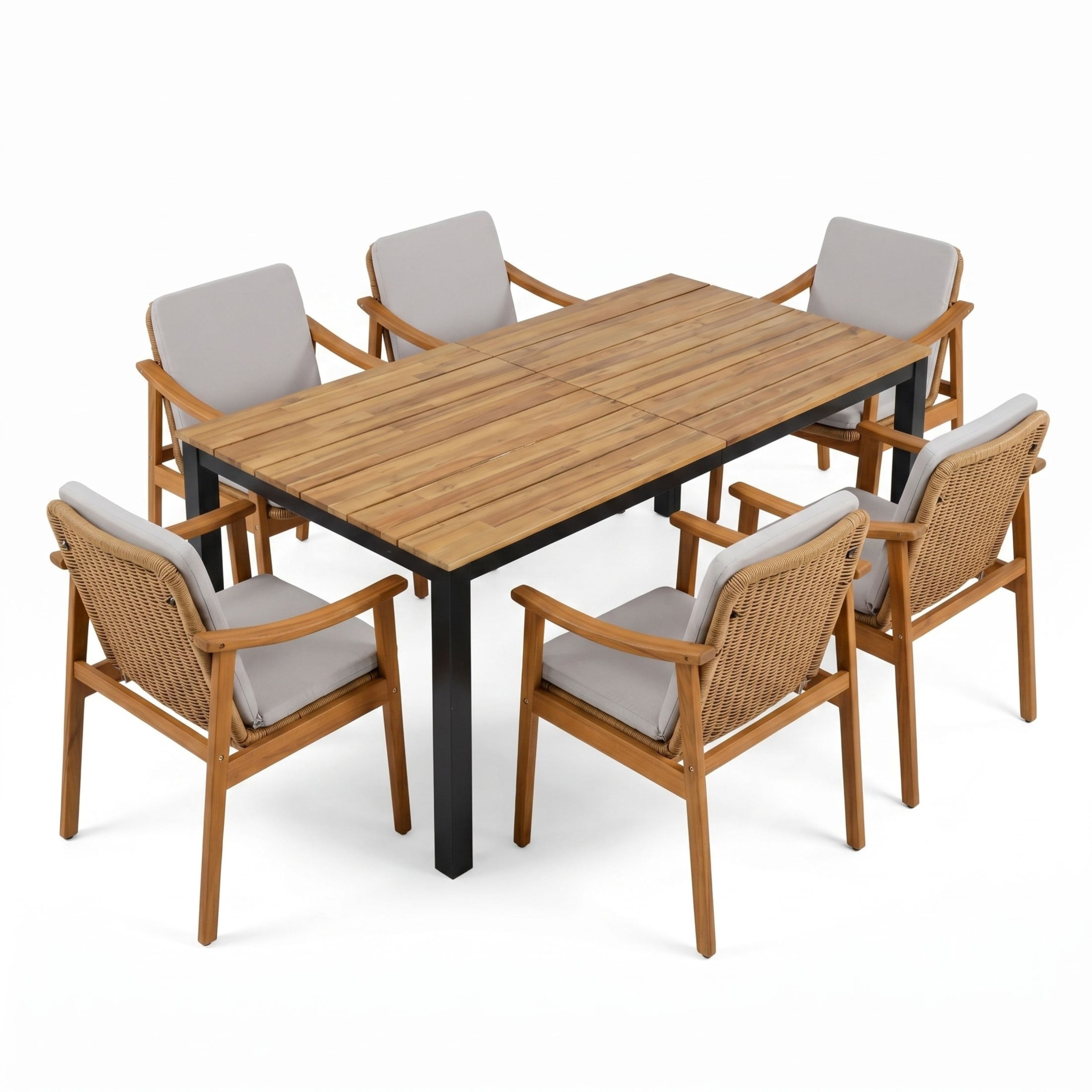 Christopher Knight Home 7-Piece Outdoor Dining Set, 71" Table with Wicker Cushion Chairs, Teak+Gray