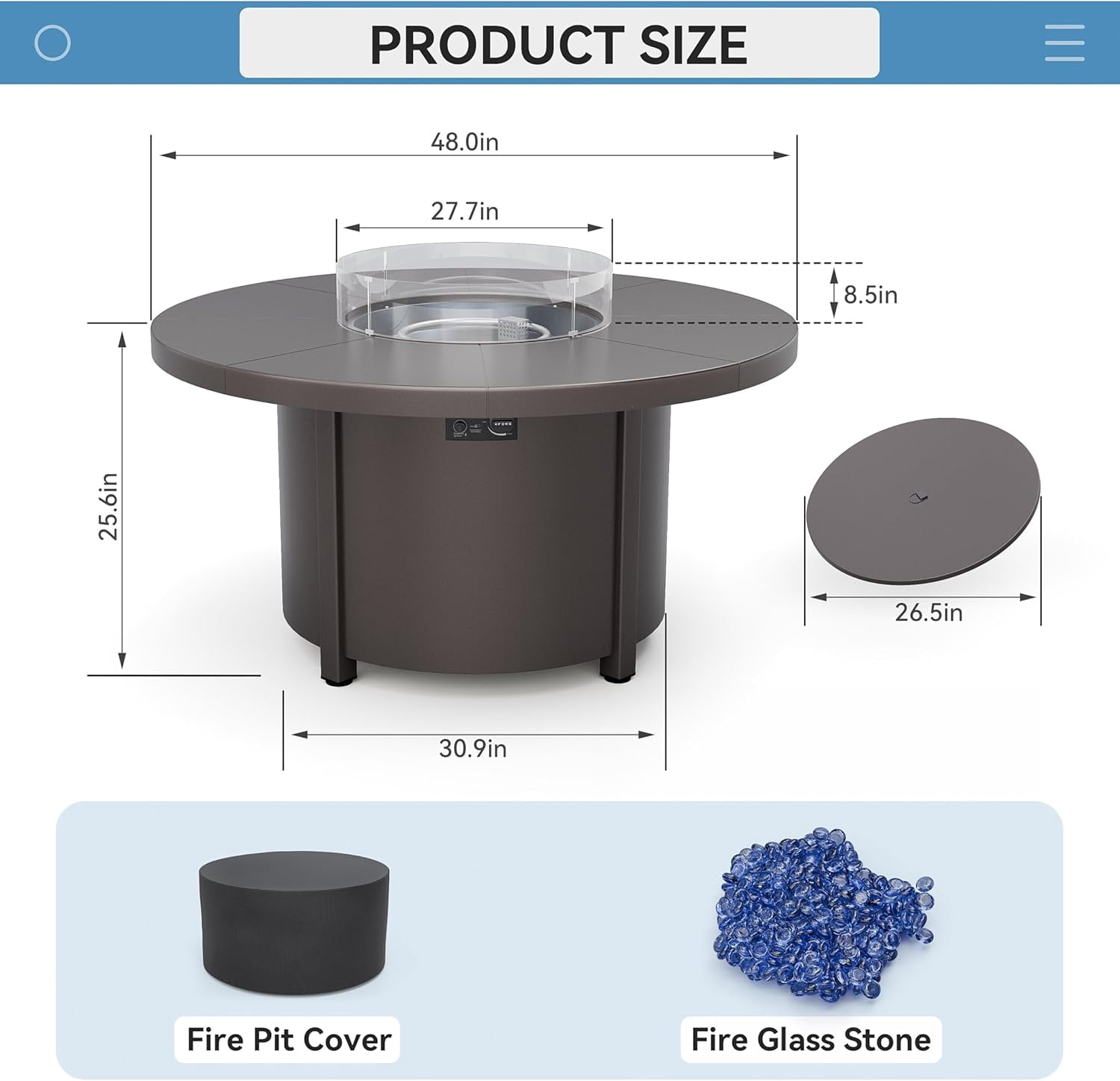 Kullavik 48 Inch Outdoor Propane Fire Pit Table,Round Firepit Table for Outside Patio,Gas Fire Table with Fire Glass,Waterproof Cover and Blue Glass Stone