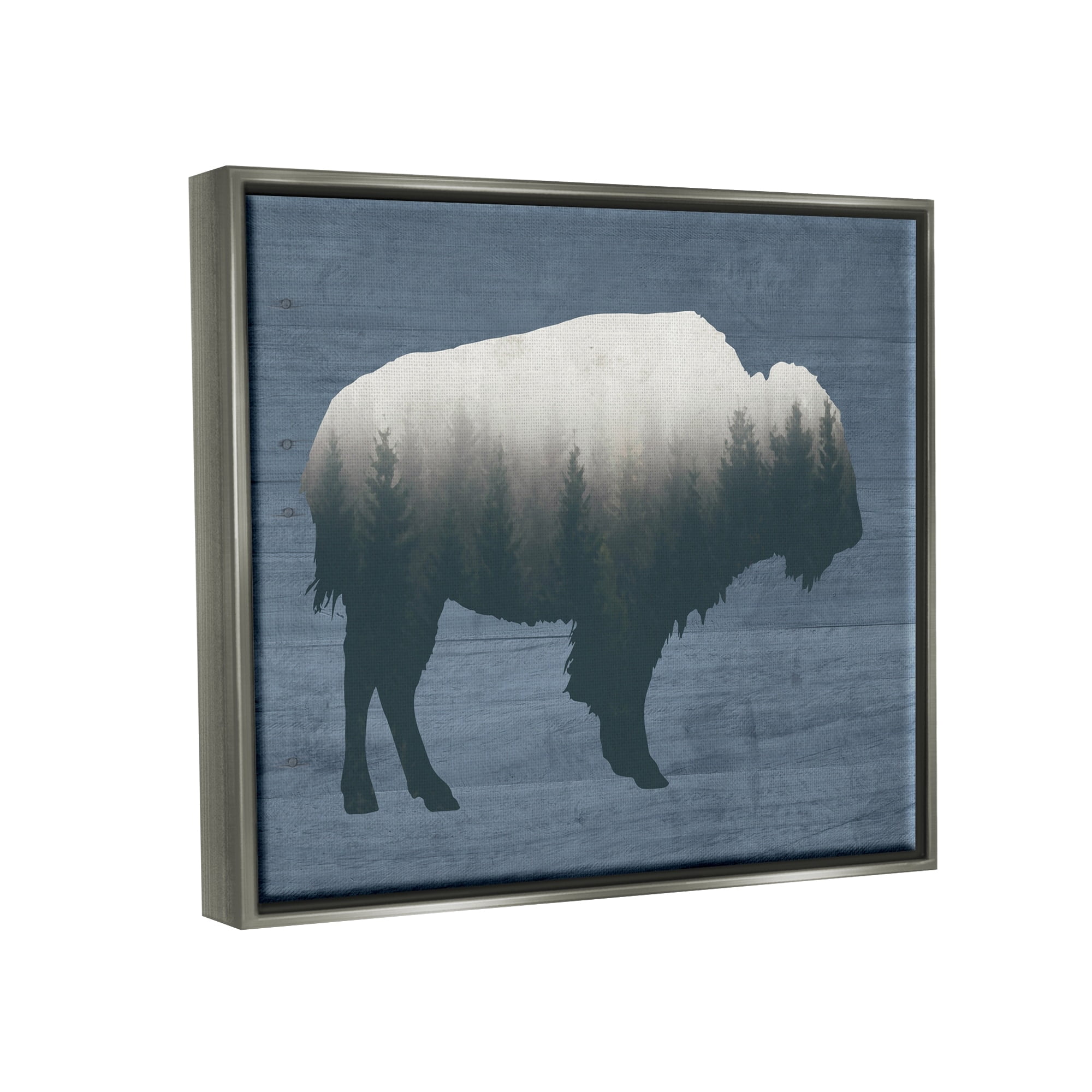 Stupell Industries Rustic Bison Shape Silhouette Forest Trees Pattern Graphic Art Luster Gray Floating Framed Canvas Print Wall Art, Design by Lettered and Lined