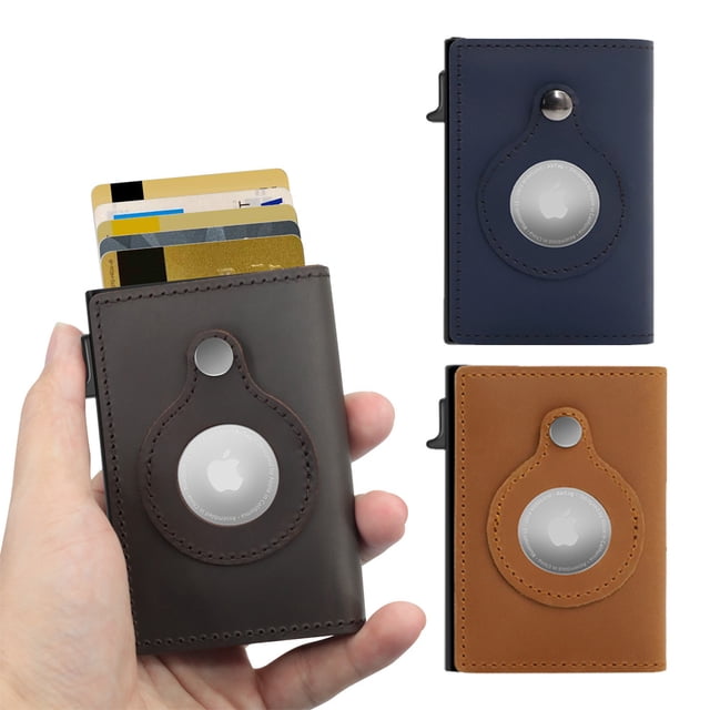 Tarjetero de cuero genuino Tarjetero con rebote automático Rastreador de posicionamiento Billetera RFID multifuncional Cartera de aluminio con caja Tarjetero