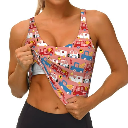 Qokaie Cartoon with Traffic Elements Pattern Womens Scoop Neck Sports Bra Breathable Workout Vest Padded U Back Medium Impact Fitness Gym Yoga Bra Workout Crop Top