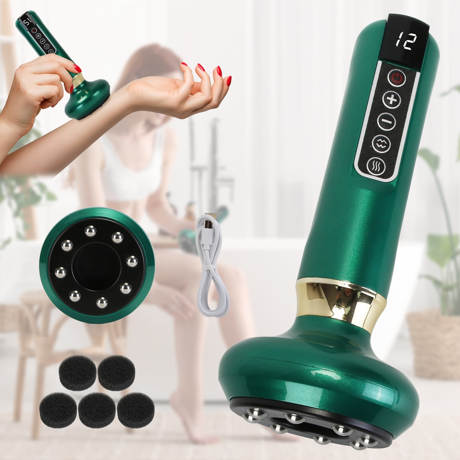 Handheld Cellulite Massager with Heated Rechargeable and Cordless Body Sculpting Machine with 12 Suction Modes for Neck Shoulder Back Legs and Arms Green