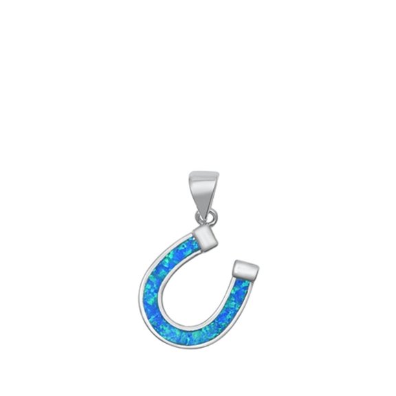 Sterling Silver Blue Simulated Opal Horseshoe Pendant Lucky Charm 925 Jewelry Female Unisex