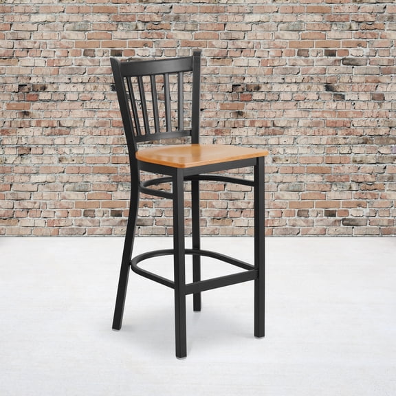 Emma Oliver 2 Pack Black Vertical Back Metal Restaurant Barstool - Natural Wood Seat