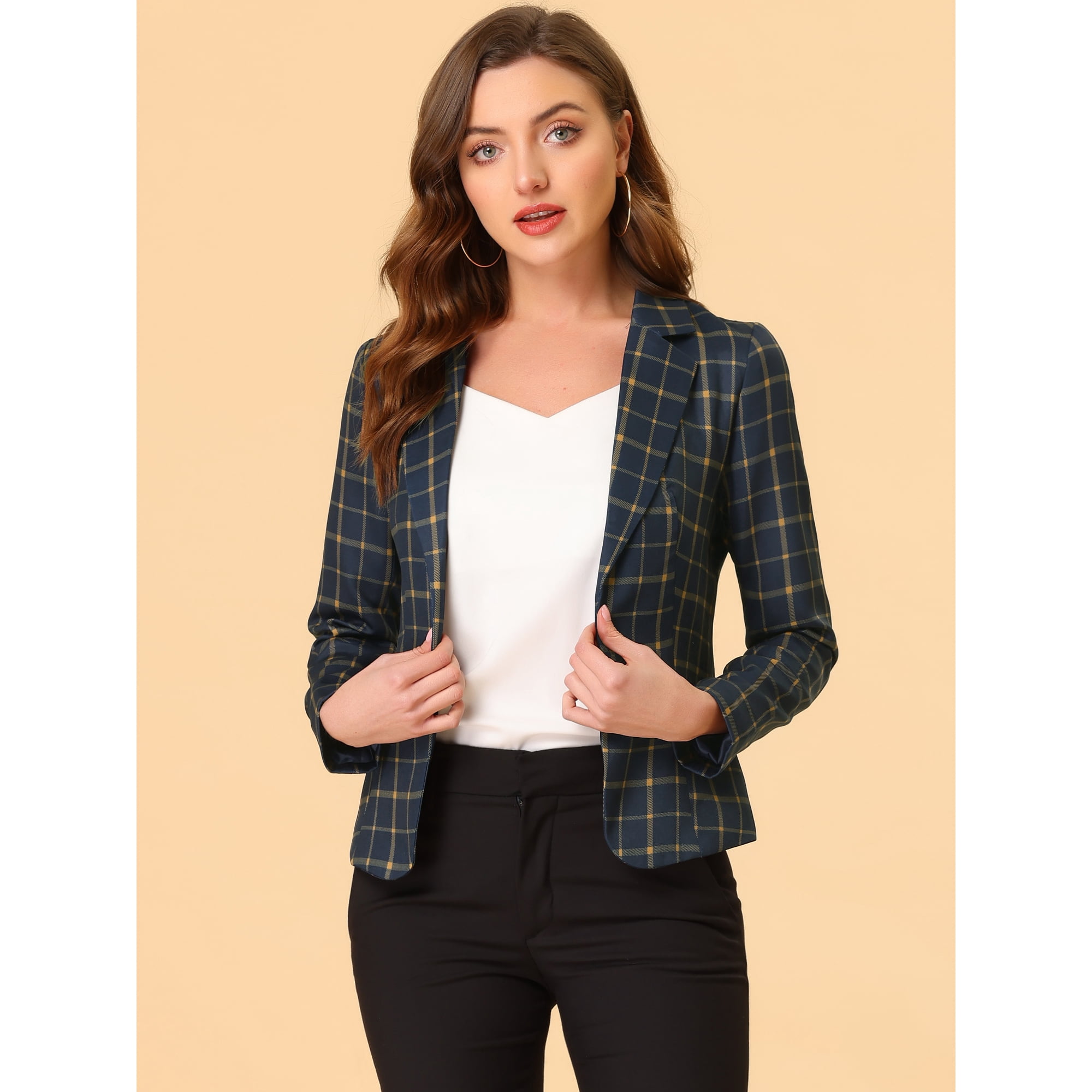 3/4 Sleeve Grid Print Lapel Casual Blazer 3/4 Sleeve Grid Print Lapel Casual Blazer