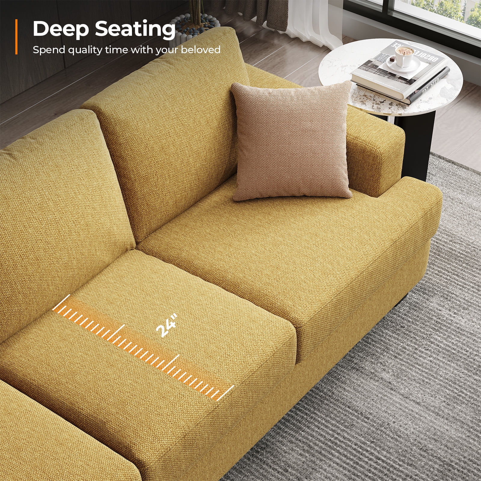 BLAZANT 3 Seater Sofa Oversize, 89" Extra Large Size Sofa Couch with Extra Deep Seats, Modern Loveseat Sofa, Comfortable Fabric, Easy to Install, for Living Room Apartment Lounge, Yellow