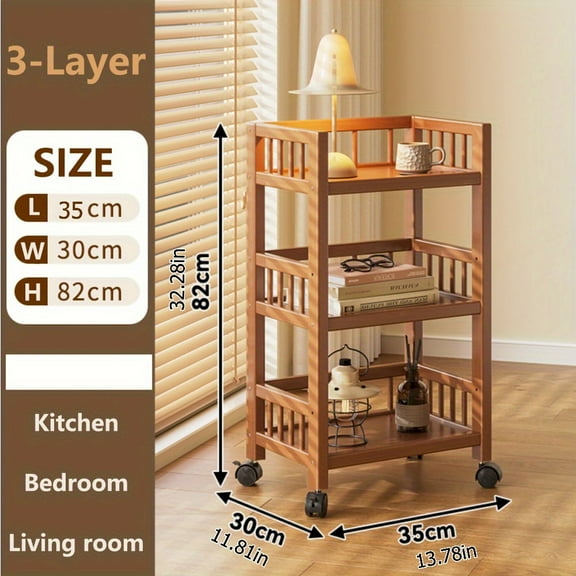 3-Tier Bamboo Rolling Utility Cart with Wheels – Space-Saving Storage Organizer with Drawers & Open Shelves for Kitchen, Bathroom, Living Room