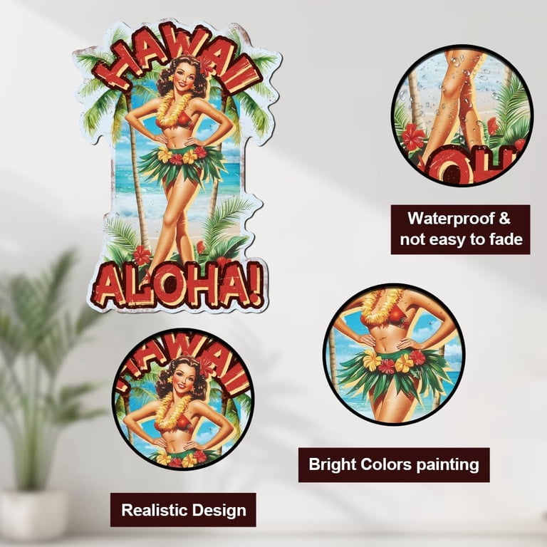 Vintage Hawaii Pin Up Lady Metal Tin Sign 15x10.6 Inch Funny Retro