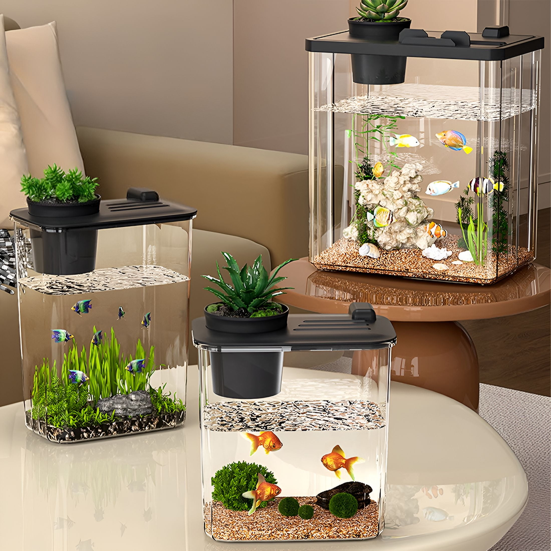 ACDANC Small Fish Tank, Betta Fish Tank Desktop Mini Fish Bowl with Pump, LED Light, Simulated Water Plants for Home Office Tabletop