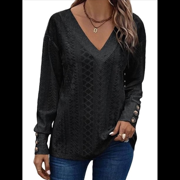 Blusas Elegantes e Informales para Mujer, con Cuello en V, Larga, Botones, Encaje Calado y Bordado. Negro XL