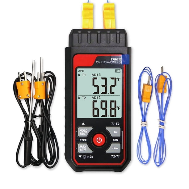 Termómetro Digital de Termopar de Doble Canal, Tipo K/J, de 328 A 2501 °F, Medidor de Temperatura Industrial de Amplio Rango para Climatización (HVAC)