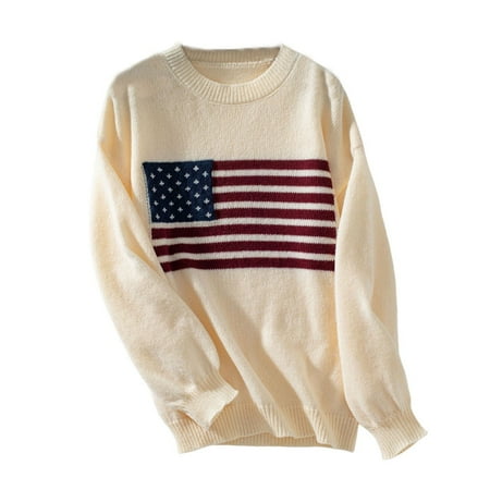 BXINGOHAI Womens American Flag Sweaters Trendy Long Sleeve Pullover Tops Casual Crewneck Knitted Sweater Outdoor Streetwear Shirts Today Deals Beige,XL