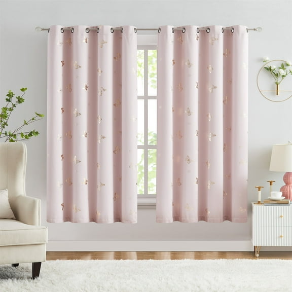 Flowpartex Pink Butterfly Blackout Curtains 2 Panels for Baby Girls Nursery Bedroom, Kids Gold Metallic Floral Print Room Darkening Drapes Grommet Window Treatment for Living Room, 54"L×52"W