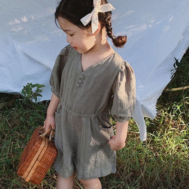 Jumpsuit Musim Panas Anak Perempuan Gaya Korea Saku V-Neck Warna Solid Celana Pendek Sederhana Baju Anak-anak Bayi Baju Anak-anak zhangmengya LED
