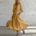thumbnail image 5 of Smsaxvxz Women's Summer Dresses Fashion Solid V Neck 3/4 Sleeve Tie Knot Waist Maxi Dress with Pockets Casual Loose Beach Sundress Yellow XL, 5 of 7