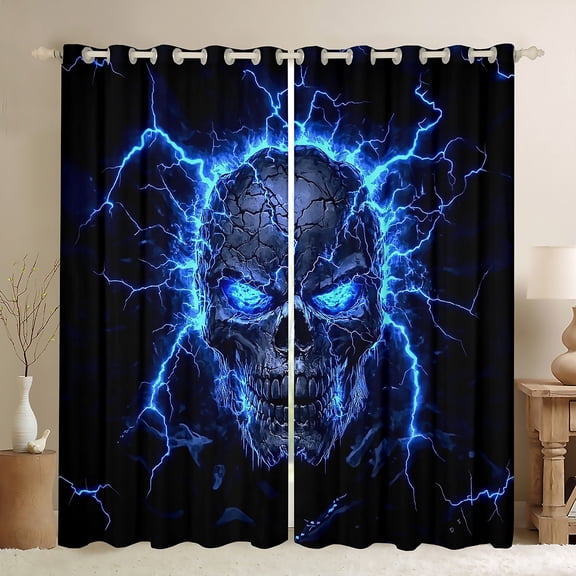 Manfei Gothic Skull Skeleton Blackout Curtains Set of 2 (52x84 Each), Neon Blue Lightning Window Curtains, Happy Halloween Theme Curtains and Drapes, Luxury Home Decor