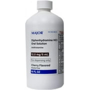 Major Diphenhydramine HCI 12.5mg/5 mL Oral Solution Cherry Flavored 16 Oz | Antihistamine Alcohol Free | Allergy Relief | Sleeping Medicine for Adults | Relieves Runny Nose, Sneezing | Itching Relief