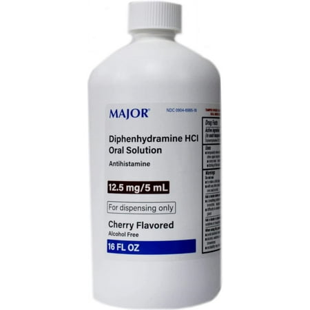 Major Diphenhydramine HCI 12.5mg/5 mL Oral Solution Cherry Flavored 16 Oz | Antihistamine Alcohol Free | Allergy Relief | Sleeping Medicine for Adults | Relieves Runny Nose, Sneezing | Itching Relief