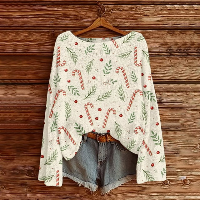 Chandails d'Hiver Grande Taille pour Femmes Chandails de Noël pour Femmes 2025 Col Rond Hiver Vacances Mignons Pulls Beige TTTG