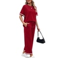 thumbnail image 5 of GIPQJK Two Piece Sets for Women Short Sleeve Crew Neck Casual Top Drawstring Striped Baggy Pants Vacation Solid Color Outfits,Red S, 5 of 6