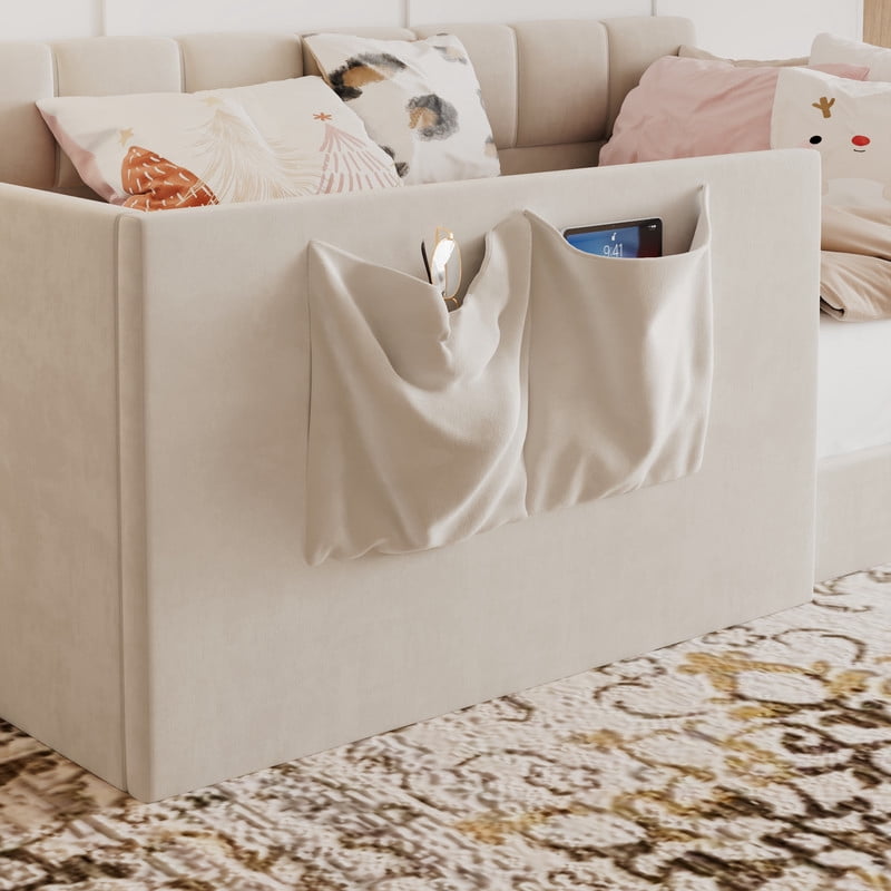 Twin Size Velvet Daybed with 2 Storage Pockets, Upholstered Guest Sofa Bed Frame with High & Padded Backrest