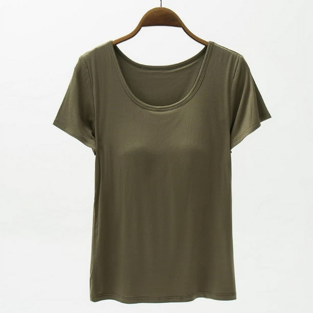 Camiseta de mujer de manga corta con almohadilla para el pecho de verano, sujetador de color liso, media manga, se puede usar como camisa de fondo