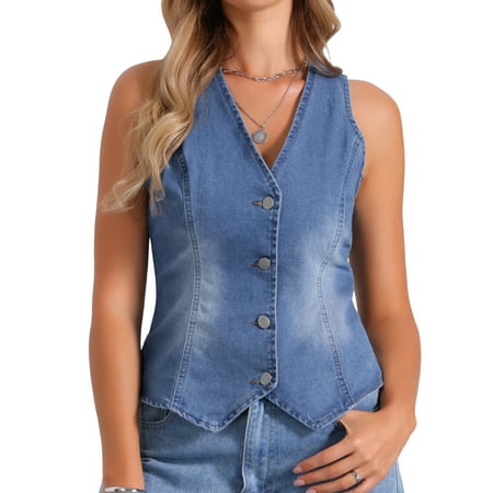 INSPIRE CHIC Women's Denim Vest Button Down Sleeveless Waistcoat Jean Jacket Light Blue XS