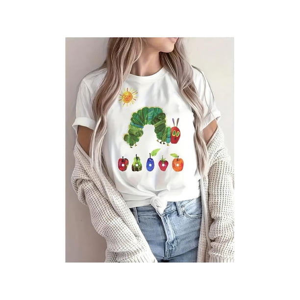 Women's Soft Blend Short Sleeve T-Shirt - Whimsical for CaTeRPiLLaR & Fruit Cartoon Print, Round Neck, Machine Washable, Lightweight & Breathable for Spring/Summer, everyday Tshirt | Playful