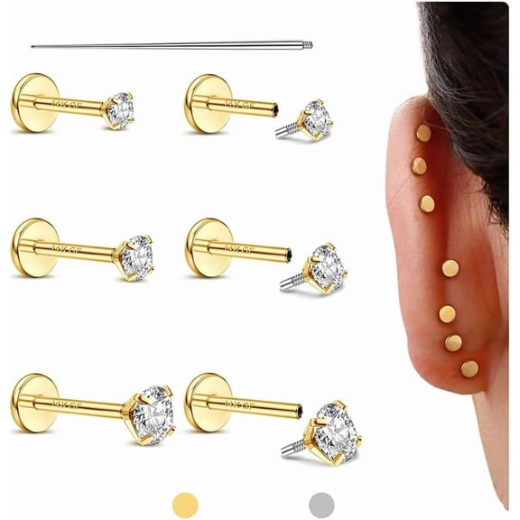 Flat Back Earrings Studs - 14K Gold Filled Internal Thread Stud 18G 16G Piercing Jewelry for Cartilage Helix Tragus Hypoallergenic Labret Lip Conch Nose Rings 316L Stainless Steel Stud for W...[n031]