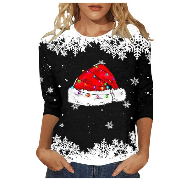 Womens Long Sleeve T Shirts Tops Casual Christmas 3/4 Sleeve Festive Red Holiday Ladies Fall Clothes for Women Tees Blouses Black L