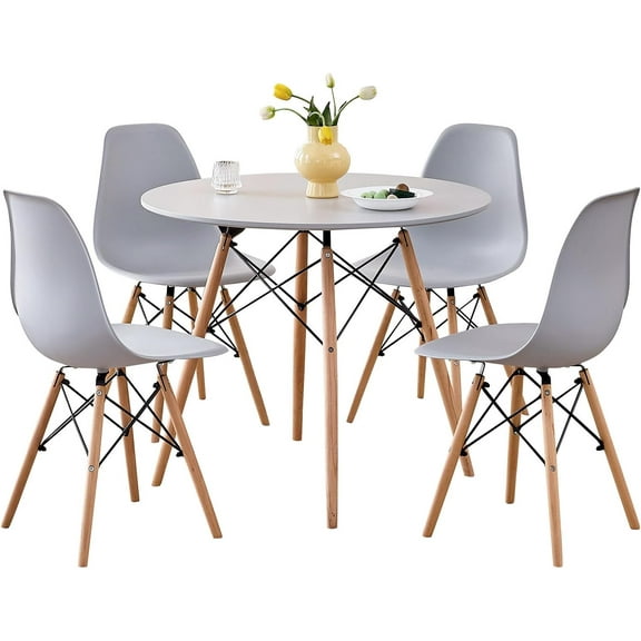 5-Piece Round Dining Table Set, Small Kitchen Table Chairs Set of 4 Space Saving Furniture, Clear Acrylic Chairs, Solid Wood Legs, for Living Room Apartment Office Home
