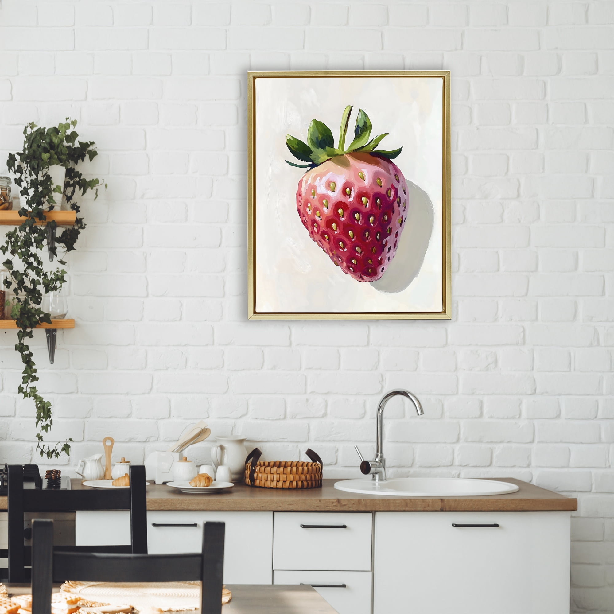 Stupell Industries Juicy Shine Strawberry Gold Framed Floater Canvas Wall Art, design by The Prints Vibe