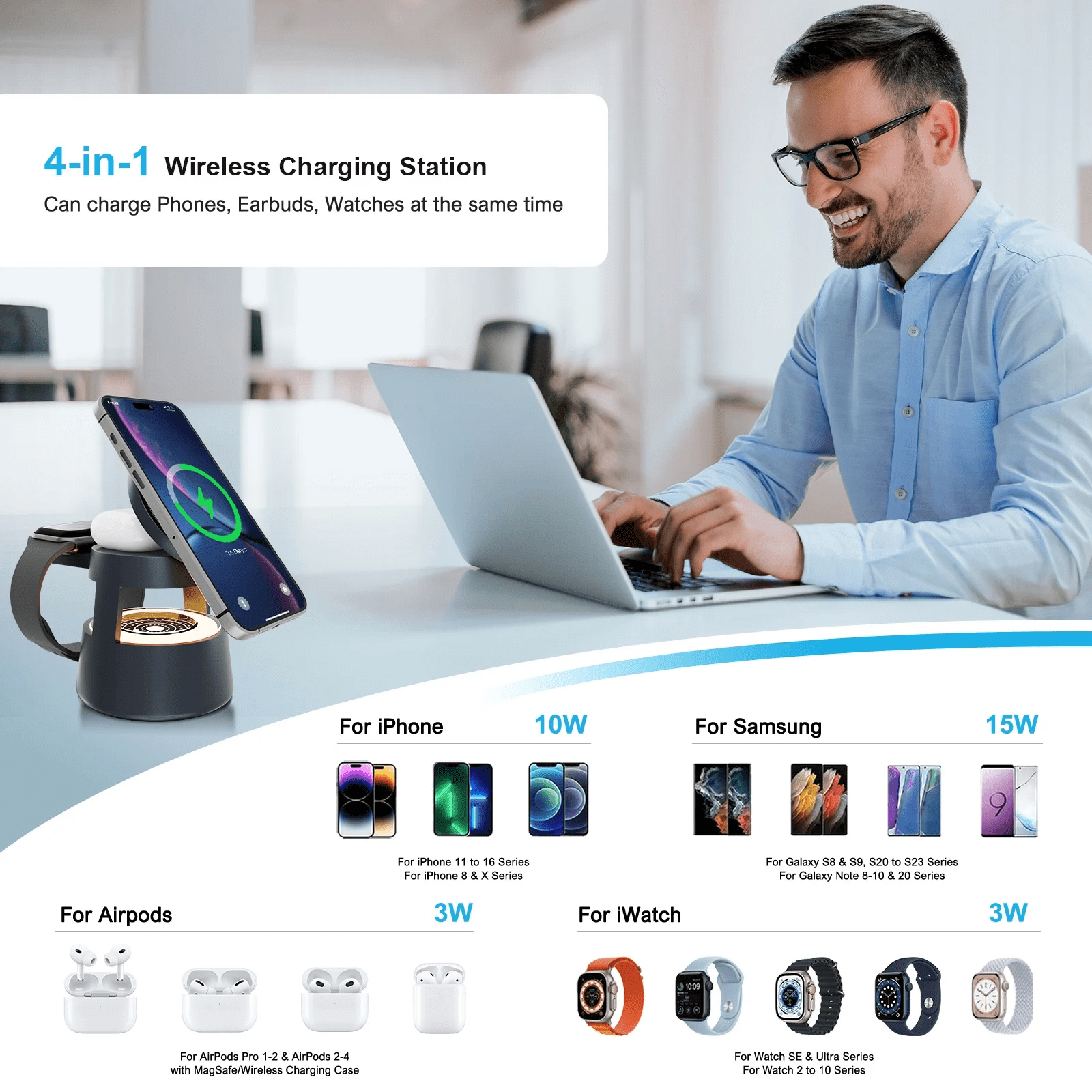 Magnetic Wireless Charger,4 in 1 Fast Charging Station Compatible for iPhone 17 16 15 14 13 12 11 8 X XR SE,3 Adjustable Light Desk Charging Station for Watch, AirPod(Black)