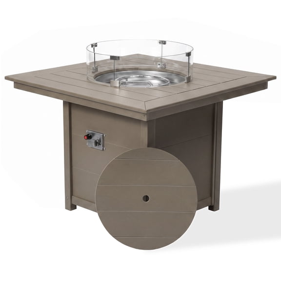 CostaElm 42'' Outdoor Propane Fire Pit Table, 55,000 BTU Heat Output Square Fire Pit Table with Glass Wind Guards & Removable Lid for Outside Patio, All-Weather HDPE Material, Weathered Wood