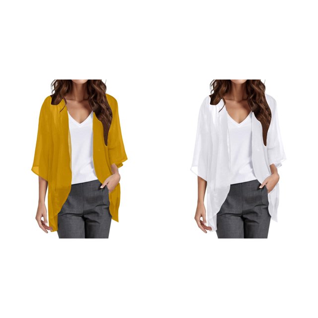 (Lot de 2) Kcodviy Cardigan Sans Manches Élégant Uni pour Femmes, Léger, à Manches Bouffantes, Cardigan Ample, Couvre-Maillot, Tenues de Vacances pour Femmes, Haut Blouse Décontracté