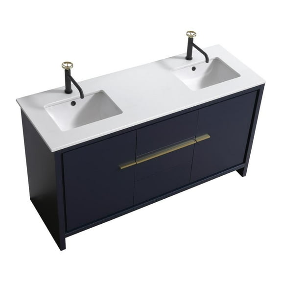 Kubebath 60″ Double Sink Blue  Modern Bathroom Vanity with White Quartz Counter-Top