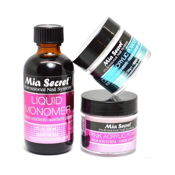 MIA SECRET 2oz LIQUID MONOMER 1oz CLEAR 1oz PINK ACRYLIC POWDER NAIL ART
