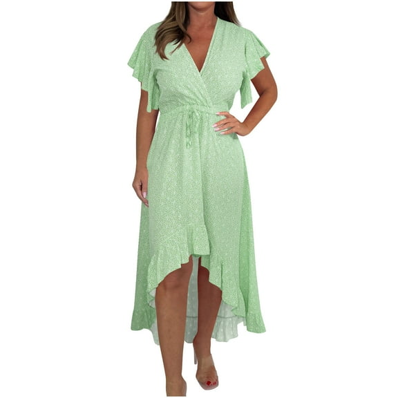 CHGBMOK Women Dress Ruffle Short Sleeve V Neck Dress Front Ruched Tummy Control Long Dress with Belt Swing Pleated Casual Dress