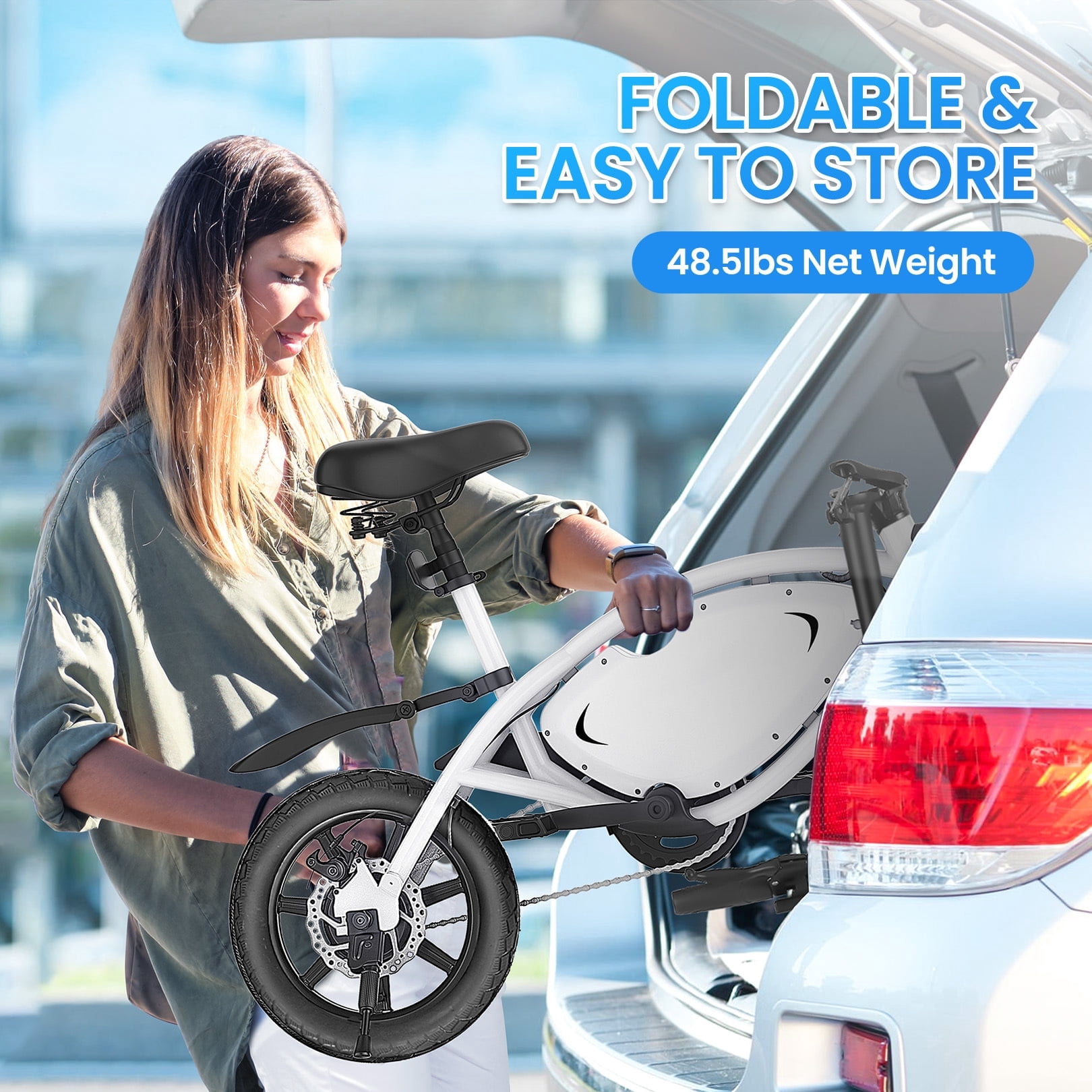 Elifine Peak 500W Electric Bike for Adults, 14" Foldable Electric Bicycles, 48V 7.8Ah City Commuter Cruiser Ebikes, Max 20mph, One-Piece Tire for Adults Women Teens UL2849
