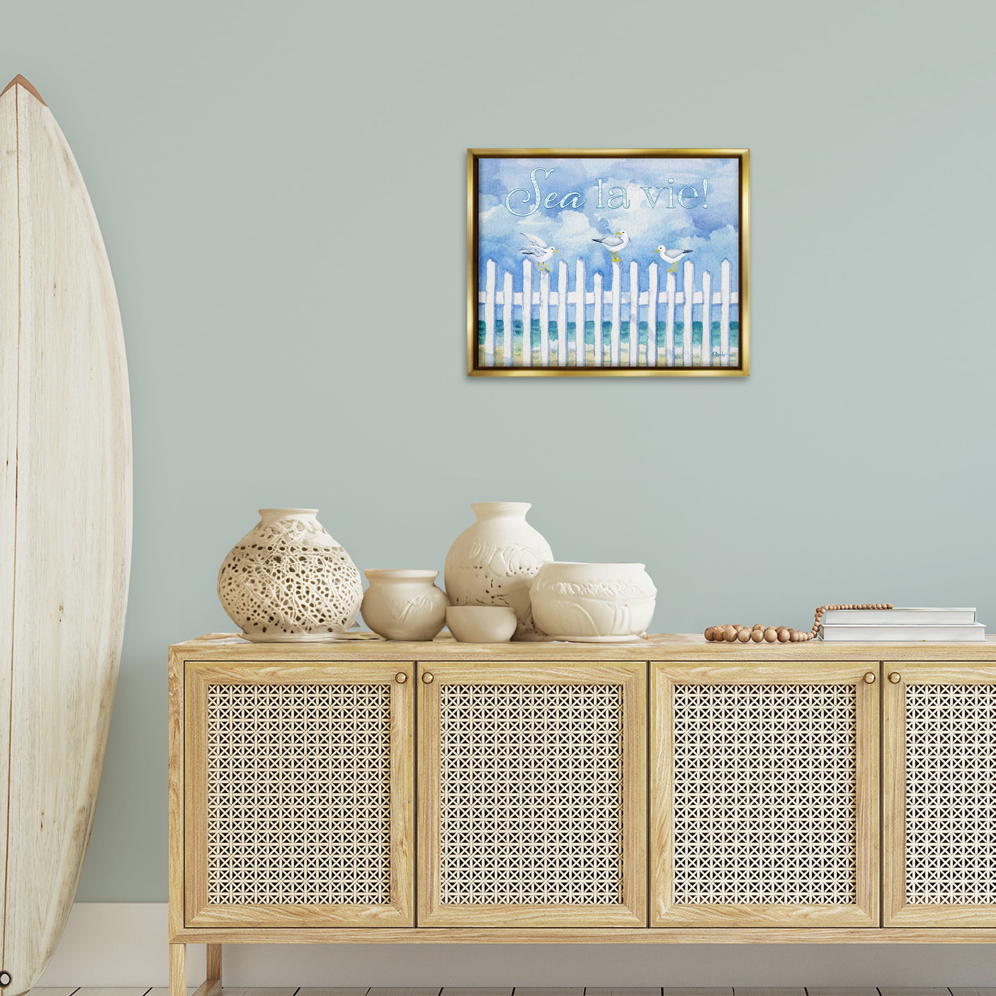 Stupell Industries Seagulls on Beach Fence Holiday Painting Gold Floater Framed Canvas Art Print Wall Art, 21 x 17