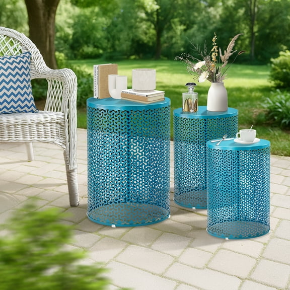 Ktaxon 3 Piece Metal Stacking Side Table Set for Patio Indoor Outdoor Nesting End Tables Clover Design, 12/14/16 Inch， Blue