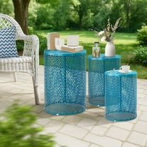 Ktaxon 3 Piece Metal Stacking Side Table Set for Patio Indoor Outdoor Nesting End Tables Clover Design, 12/14/16 Inch, Blue