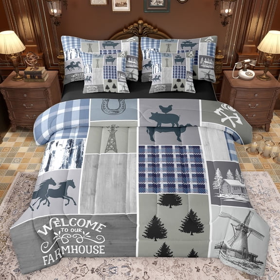 Homewish Rustic Western Farmhouse 7-Piece Twin Bedding Sets,Retro Windmill Bedding Comforter Set,Gray Blue Checkered Sheet Sets For Boys Teens,Ultra Soft Home Decor Reversible