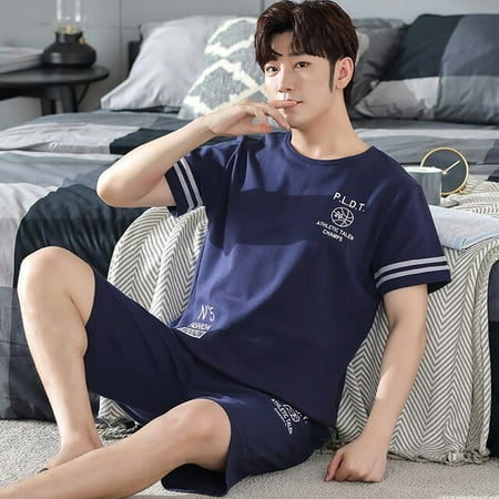 

QWZNDZGR Summer New Knitted Cotton Short Sleeve Men Pajamas Sets Male Pajama Set Letter Pajama For Men Sleepwear Suit Homewear Size XXXXL