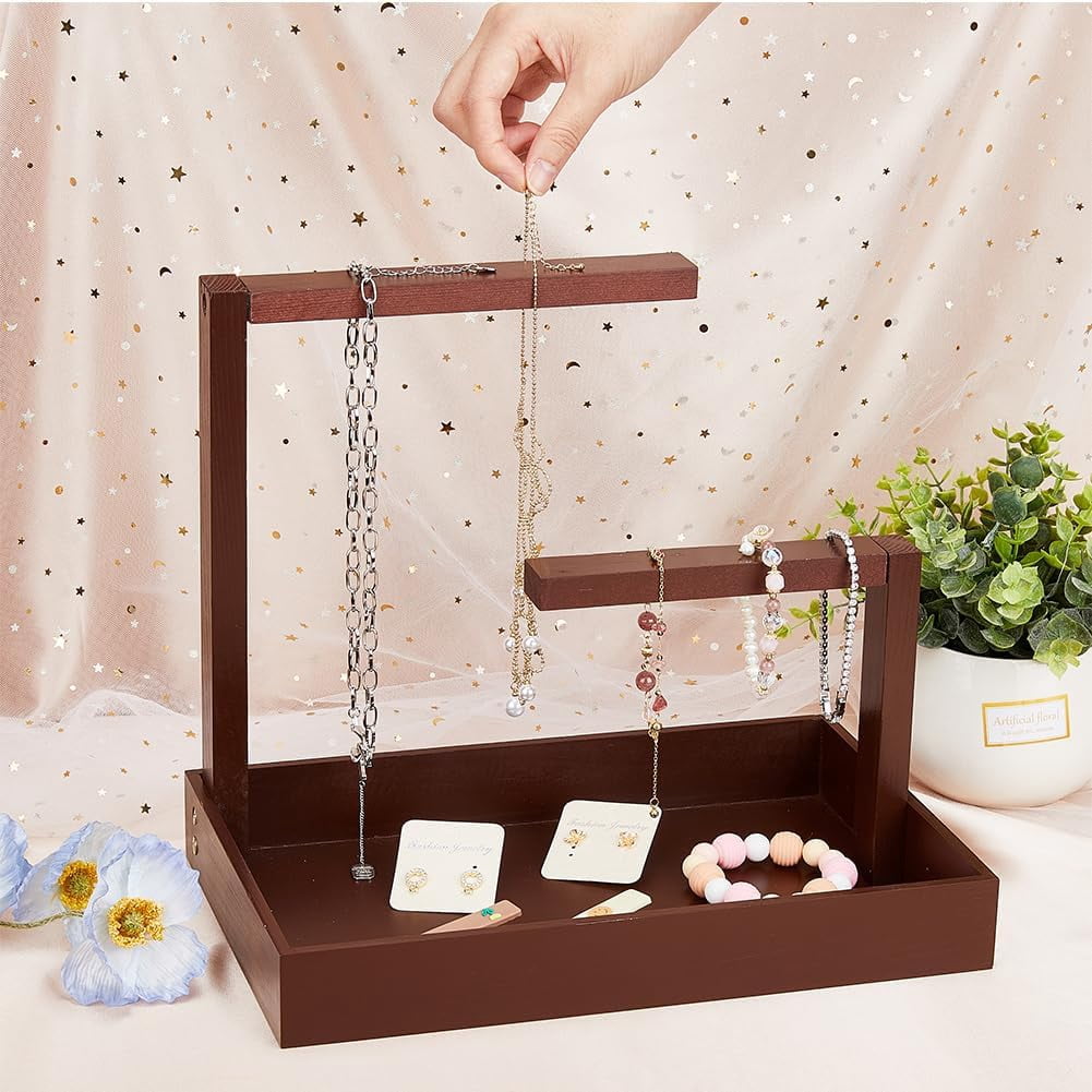 Wood Jewelry Display Stands Rectangle Jewelry Organizer Holder Coffee Necklace Hanging Organizer Rack with Tray for Bracelets Watches Earrings Rings DIY