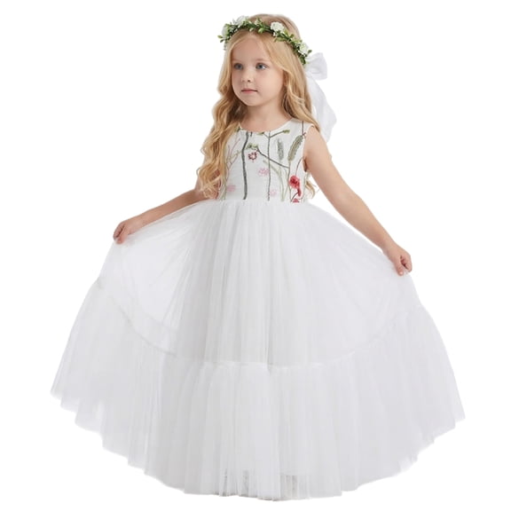 2Bunnies Girls' 3T-10yr Wildflower Embroidered Top Tulle Maxi Flower Girl Dress