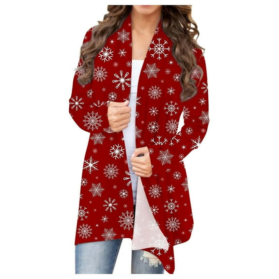 Lenago Women's Christmas Cardigan Santa Claus Print Cardigan Long Sleeve Cardigan Sweater Coat
