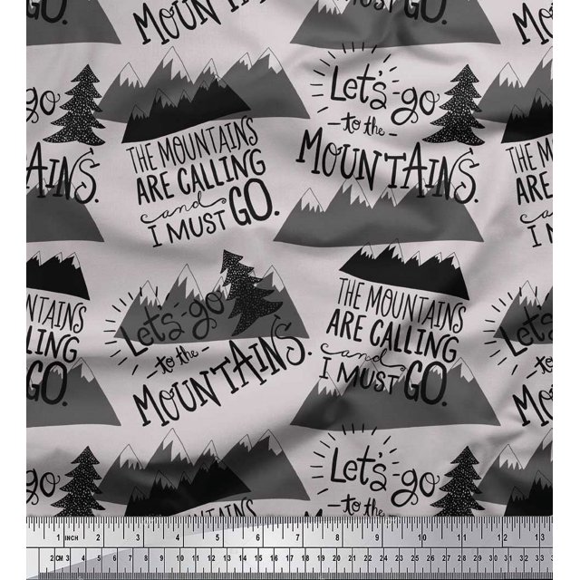 Soimoi Gray Rayon Crepe Fabric Mountains & Text Printed Craft Fabric by the Yard 46 Inch Wide
